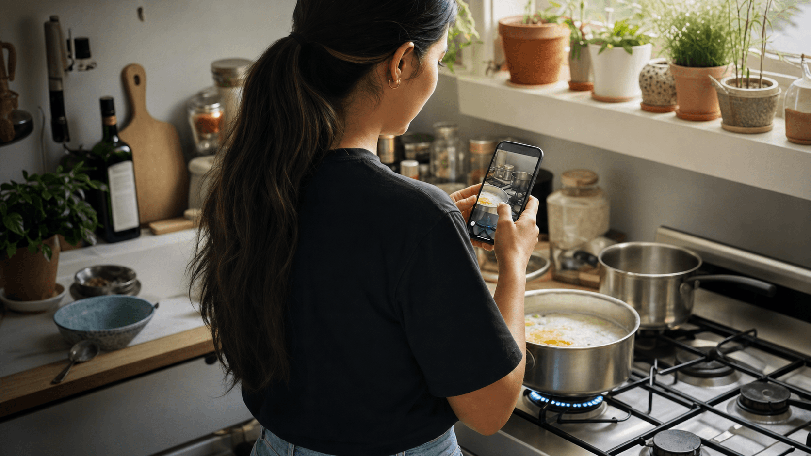 Woman using Gemini while cooking